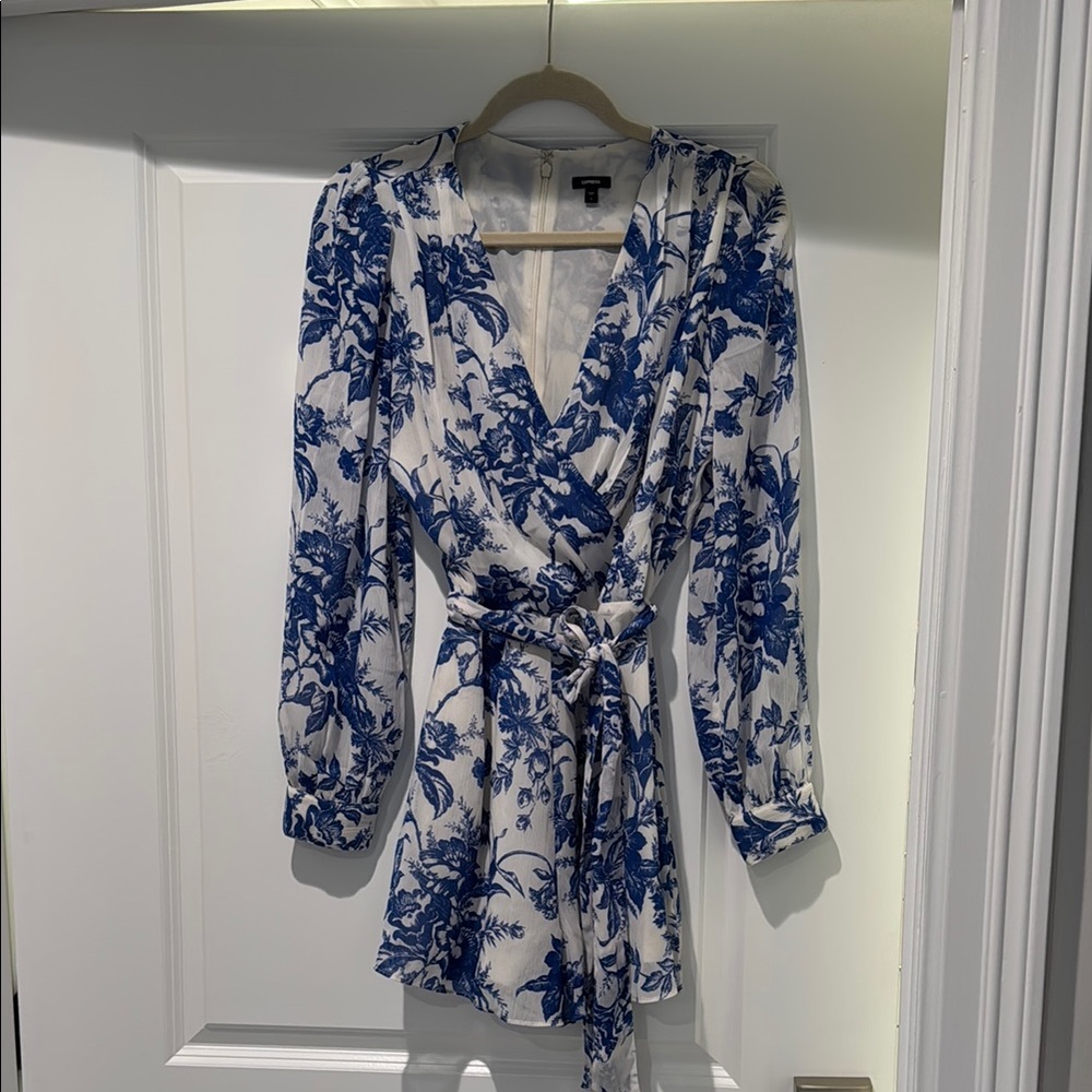 Express Blue and White Lightweight Romper with Bishop Sleeves